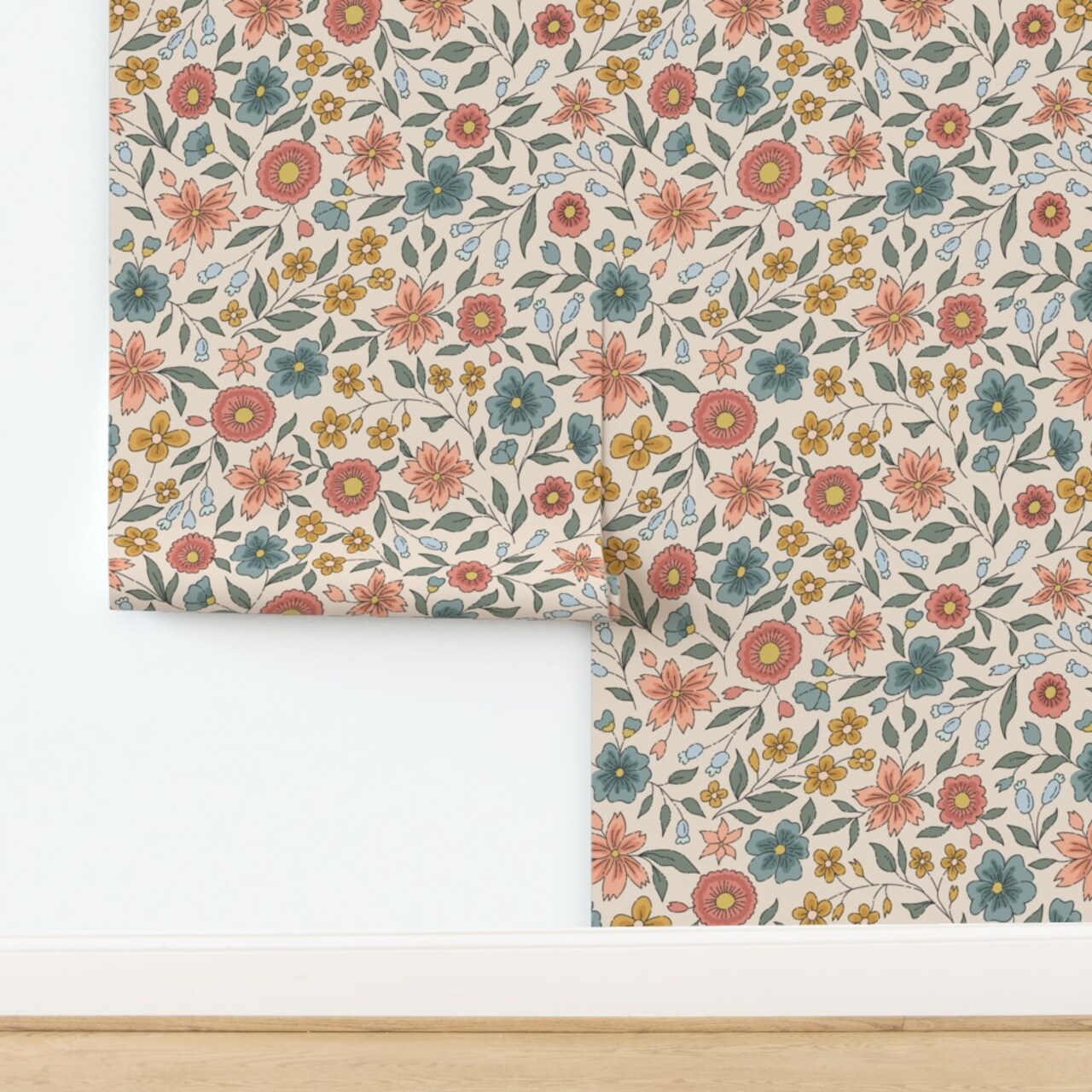 Cottagecore Garden Floral Botanical Traditional Classic Girly Block Print Pink Peach Yellow Blue Green Large Scale Modern Farmhouse Prairie Custom Removable Wallpaper by Spoonflower Peel & Stick Wallpaper 2FT Wide